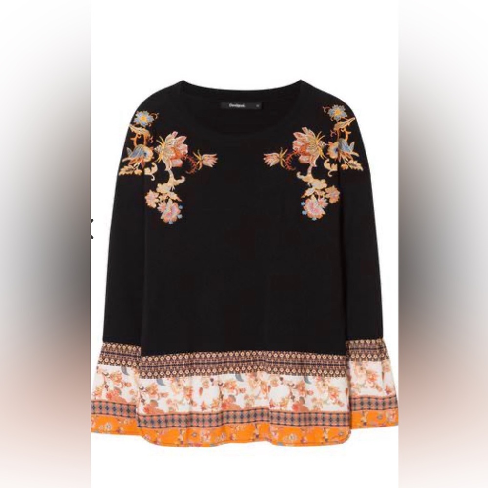 NEW 💐Desigual embroided Black crewneck sweater bohemian top medium
